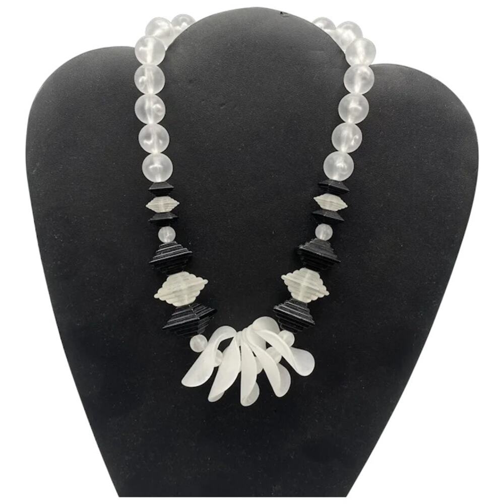 Frosted Lucite Black and White‎ Plastic Statement Necklace Vintage